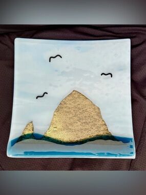Vintage Art Glass Trinket Tray Fused Glass Ocean View Seagulls 7” Dish EUC Nice!